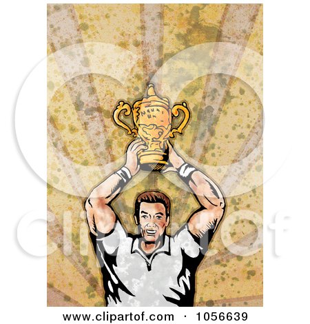 Royalty-Free Clip Art Illustration of a Retro Rugby Player Holding A Trophy, On Grunge by patrimonio