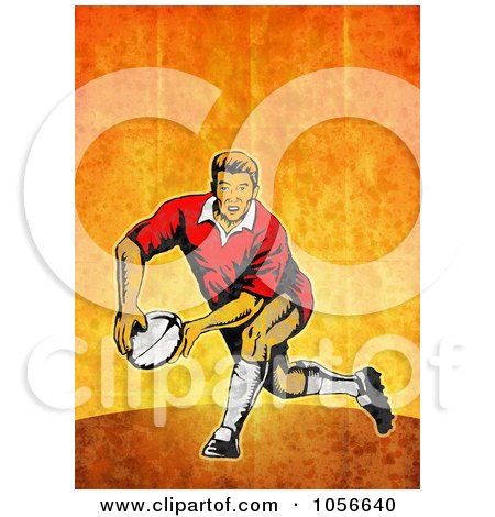 Royalty-Free Clip Art Illustration of a Retro Rugby Player Passing, On Orange Grunge by patrimonio