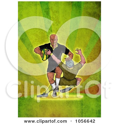 Royalty-Free Clip Art Illustration of a Retro Rugby Player Tackling, On Green Grunge by patrimonio
