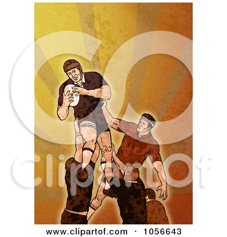 Royalty-Free Clip Art Illustration of a Retro Rugby Player Jumping, On Orange Grunge by patrimonio