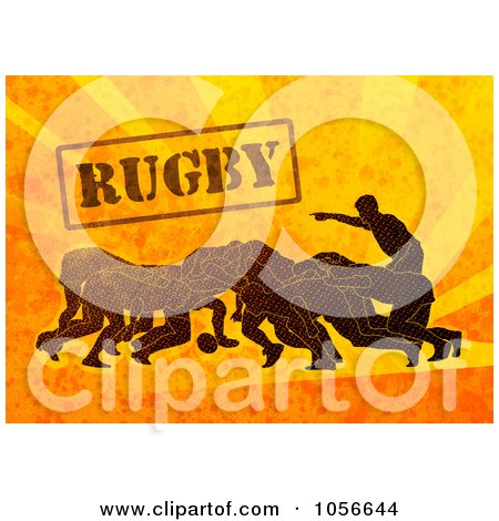 Royalty-Free Clip Art Illustration of Rugby Players Scrumming, On Orange Grunge With Text by patrimonio