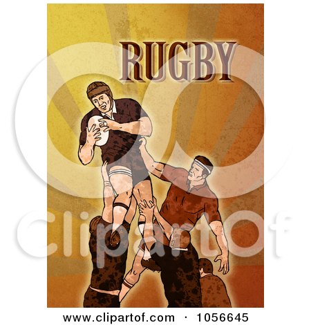 Royalty-Free Clip Art Illustration of a Retro Rugby Player Jumping, On Orange Grunge With Text by patrimonio