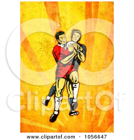 Royalty-Free Clip Art Illustration of a Retro Rugby Player Attacking, On Orange Grunge by patrimonio