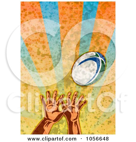 Royalty-Free Clip Art Illustration of Hands Reaching Up For A Rugby Ball, Over Grungy Rays by patrimonio