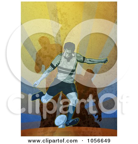 Royalty-Free Clip Art Illustration of a Retro Rugby Player Kicking, On Grunge by patrimonio