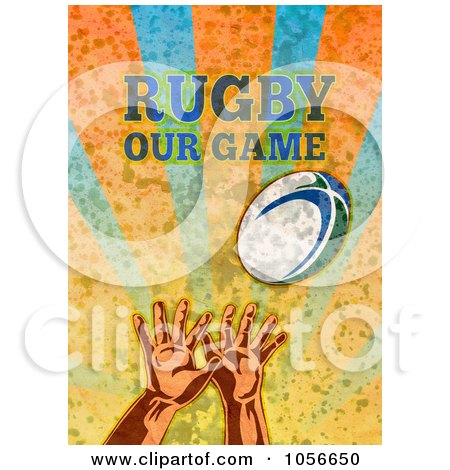 Royalty-Free Clip Art Illustration of Hands Reaching Up For A Rugby Ball, Over Grunge With Text by patrimonio