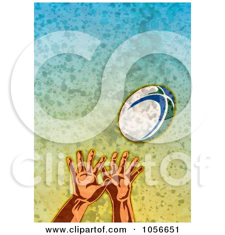 Royalty-Free Clip Art Illustration of Hands Reaching Up For A Rugby Ball, Over Grunge by patrimonio