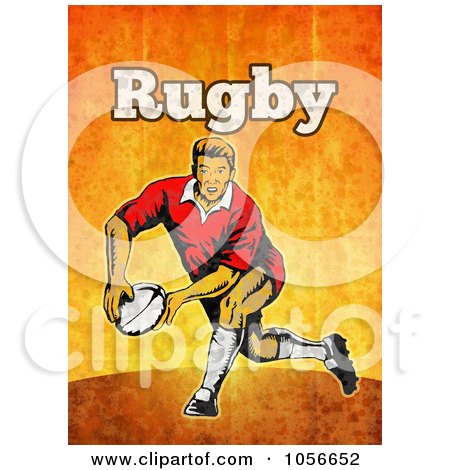Royalty-Free Clip Art Illustration of a Retro Rugby Player Passing, On Orange Grunge With Text by patrimonio