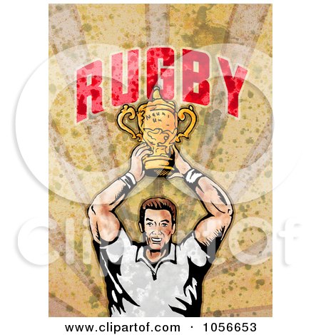 Royalty-Free Clip Art Illustration of a Retro Rugby Player Holding A Trophy, On Grunge With Text by patrimonio