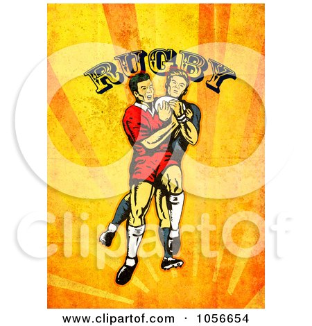 Royalty-Free Clip Art Illustration of a Retro Rugby Player Attacking, On Orange Grunge With Text by patrimonio