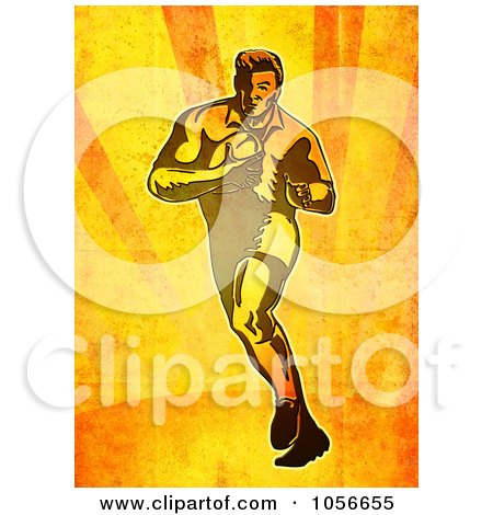 Royalty-Free Clip Art Illustration of a Retro Rugby Player Running On Grungy Orange by patrimonio