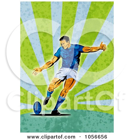 Royalty-Free Clip Art Illustration of a Retro Rugby Player Kicking, On Green Grunge by patrimonio