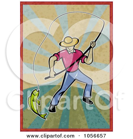 Royalty-Free Clip Art Illustration of a Fly Fisherman Pulling In A Catch On Grungy Rays by patrimonio