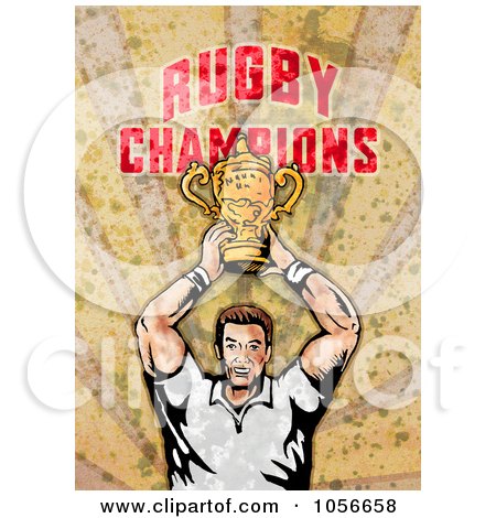 Royalty-Free Clip Art Illustration of a Retro Rugby Player Holding A Trophy, On Grunge With Rugby Champions Text by patrimonio