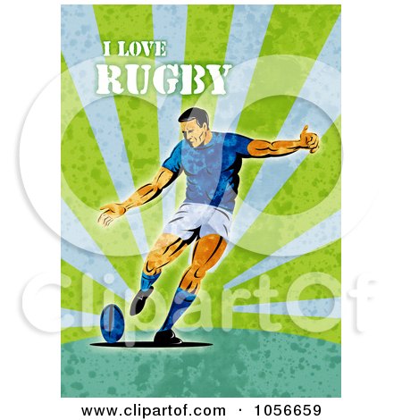 Royalty-Free Clip Art Illustration of a Retro Rugby Player Kicking, On Green Grunge With Text by patrimonio
