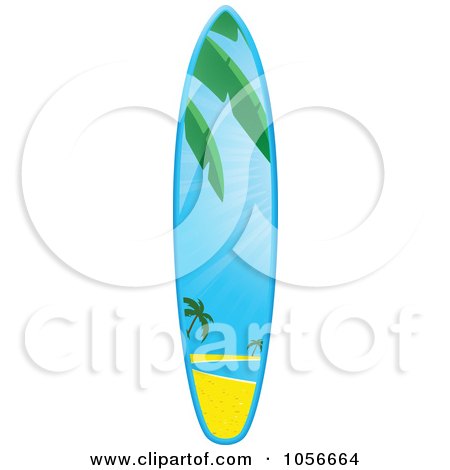 Royalty-Free Vector Clip Art Illustration of a 3d Shiny Surfboard With A Tropical Beach Scene by elaineitalia
