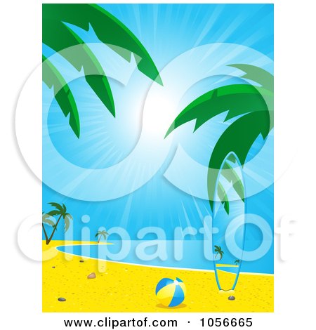Royalty-Free Vector Clip Art Illustration of a Beach Ball And Surfboard Matching The Tropical Beach Scene by elaineitalia