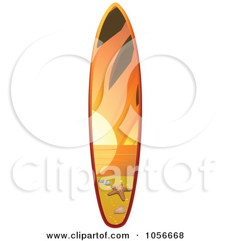 Royalty-Free Vector Clip Art Illustration of a 3d Shiny Surfboard With A Sunset Beach Scene by elaineitalia