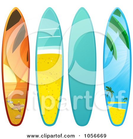 Royalty-Free Vector Clip Art Illustration of a Digital Collage Of 3d Shiny Surfboards With A Beach Scenes by elaineitalia