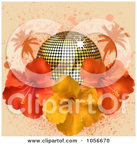 Royalty-Free Vector Clip Art Illustration of a Golden Disco Ball With 3d Hibiscus Flowers, Palm Trees And Grungeon Pink by elaineitalia