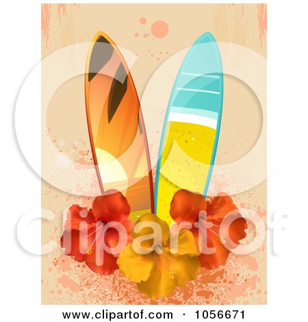 Royalty-Free Vector Clip Art Illustration of Two Beach Surfboards With Hibiscus Flowers On Pink Grunge by elaineitalia