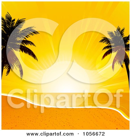 Royalty-Free Vector Clip Art Illustration of Silhouetted Palm Trees Framing A Sunset Over A Beach by elaineitalia