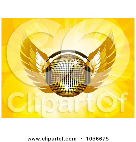 Royalty-Free Vector Clip Art Illustration of a 3d Golden Disco Ball With Wings And Headphones, On Yellow With Flares by elaineitalia