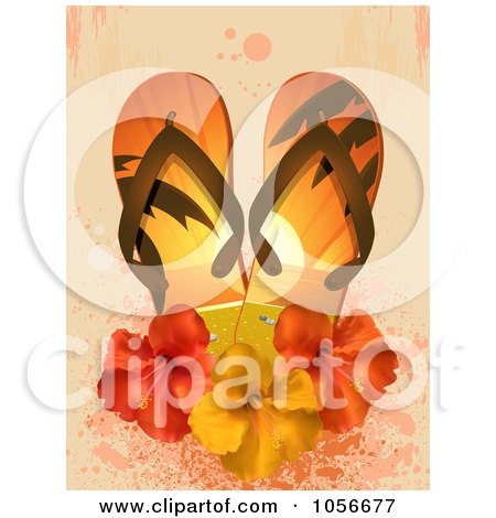 Royalty-Free Vector Clip Art Illustration of a Pair Of 3d Flip Flops With Hibiscus Flowers On Grungy Pink by elaineitalia