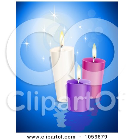 Royalty-Free Vector Clip Art Illustration of Three Thick Candles On Blue Water, Over Blue by Oligo