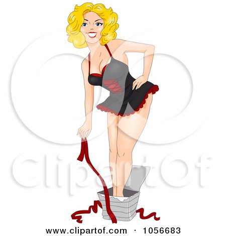 Royalty-Free Vector Clip Art Illustration of a Sexy Pinup Woman Opening Herself As A Gift by BNP Design Studio
