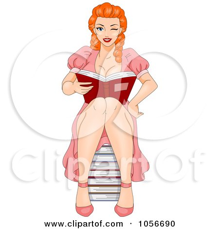 Royalty-Free Vector Clip Art Illustration of a Pinup Woman Sitting On A Stack Of Books And Reading by BNP Design Studio