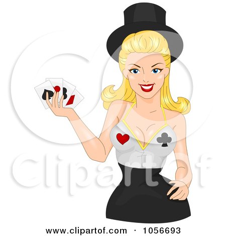 Royalty-Free Vector Clip Art Illustration of a Sexy Casino Woman Holding Playing Cards by BNP Design Studio