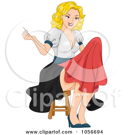 Royalty-Free Vector Clip Art Illustration of a Sexy Blond Pinup Woman Sewing by BNP Design Studio