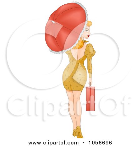 Royalty-Free Vector Clip Art Illustration of a Sexy Retro Pinup Woman Walking With A Briefcase And Parasol, Looking Back by BNP Design Studio
