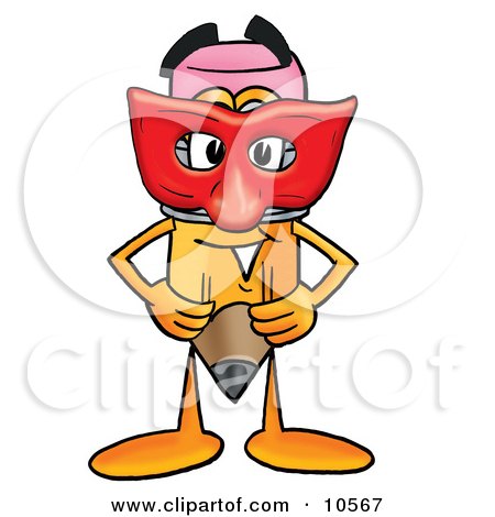Clipart Picture of a Pencil Mascot Cartoon Character Wearing a Red Mask Over His Face by Mascot Junction