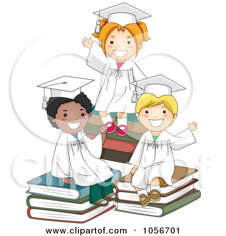 Royalty-Free Vector Clip Art Illustration of Three Graduate Kids Waving And Sitting On Books by BNP Design Studio