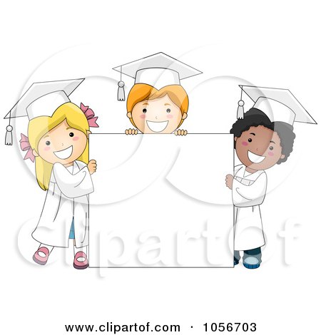 Royalty-Free Vector Clip Art Illustration of Three Graduate Kids Standing Around A Blank Sign by BNP Design Studio