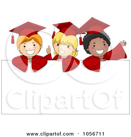 Royalty-Free Vector Clip Art Illustration of Three Graduate Children Over A Blank Sign by BNP Design Studio