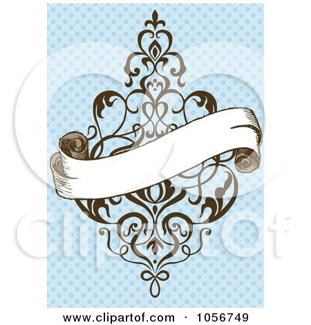 Royalty-Free Vector Clip Art Illustration of a Blank Banner Over An Ornate Design On Blue Invitation Or Background by BestVector