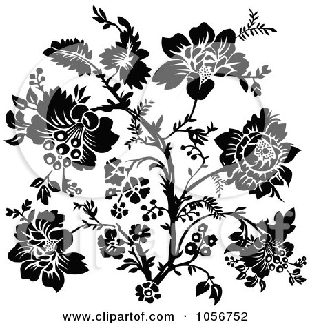 Royalty-Free Vector Clip Art Illustration of a Black And White Floral Plant In Bloom by BestVector
