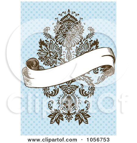 Royalty-Free Vector Clip Art Illustration of a Blank Banner Over An Ornate Victorian Design On Blue Invitation Or Background by BestVector