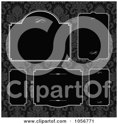 Royalty-Free Vector Clip Art Illustration of a Digital Collage Of Black Frame Design Elements, Over Damask Pattern - 2 by BestVector