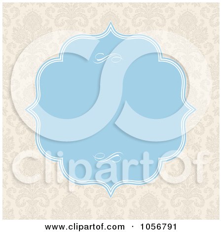 Royalty-Free Vector Clip Art Illustration of a Beige Damask Patterned Invitation Or Background With Blue Copyspace by BestVector