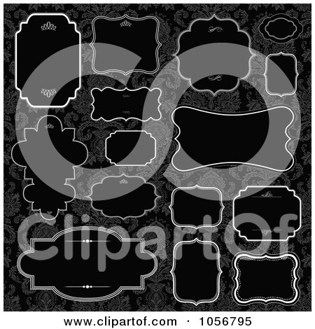 Royalty-Free Vector Clip Art Illustration of a Digital Collage Of Black Frame Design Elements, Over Damask Pattern - 1 by BestVector
