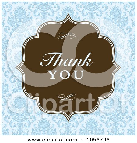 Royalty-Free Vector Clip Art Illustration of a Brown Thank You Frame Over Blue Damask by BestVector