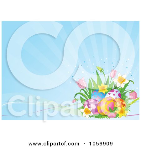 Royalty-Free Vector Clip Art Illustration of a Corner Of Spring Flowers And Easter Eggs Over Blue Rays by Pushkin