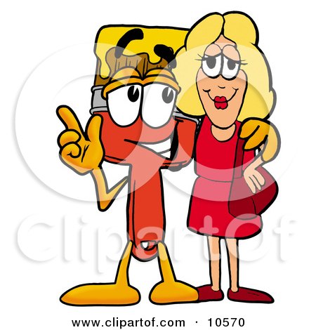 Clipart Picture of a Paint Brush Mascot Cartoon Character Talking to a Pretty Blond Woman by Mascot Junction