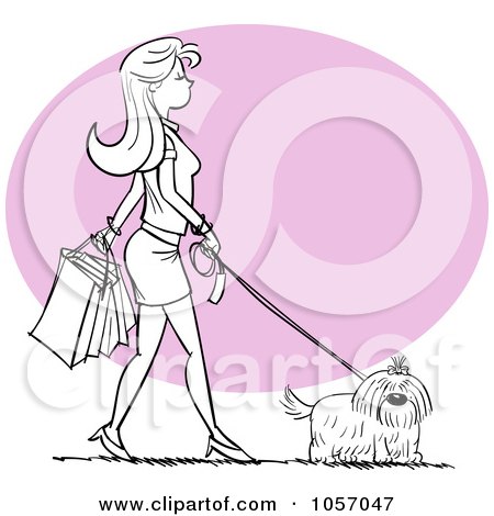 Royalty-Free Vector Clip Art Illustration of a Stylish Black And White Woman Walking Her Dog And Shopping by Qiun