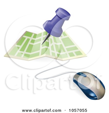Royalty-Free Vector Clip Art Illustration of a 3d Computer Mouse With A Pin Pointing To A Spot On A Map by AtStockIllustration