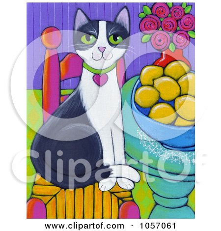 Royalty-Free Vector Clip Art Illustration of a Tuxedo Cat Sitting On A Chair By A Bowl Of Lemons by Maria Bell